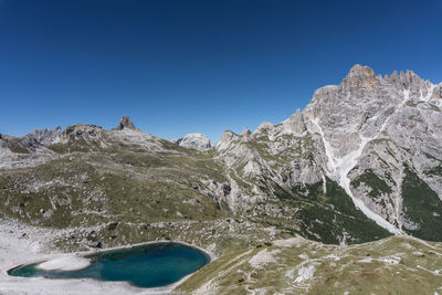 Scenic view of snowcapped mountains against clear blue sky