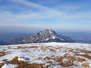 Scenic view of snowcapped mountains against sky