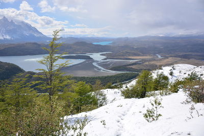 Scenic view of mountains against sky during winter