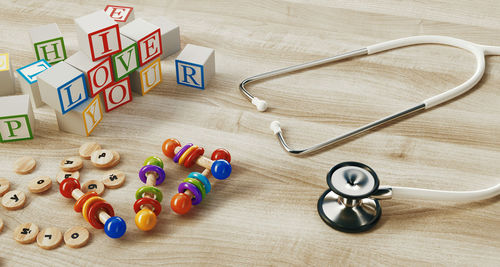 High angle view of toys on table