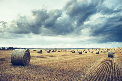 Hay bales on field against sky