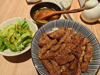 High angle view of meal served on table