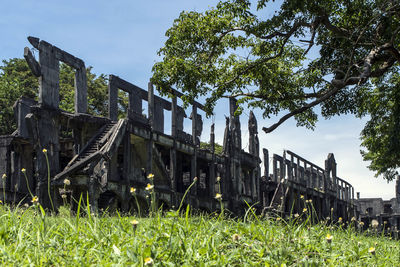 Low angle view of built structure on field