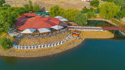 High angle view of buildings in city