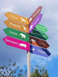 Low angle view of road sign against sky