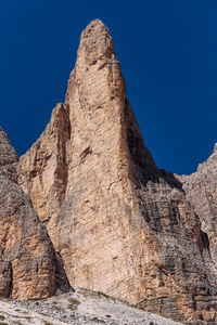 Low angle view of rock formation against clear blue sky