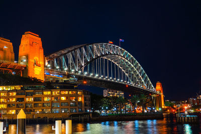 Illuminated bridge over river at night