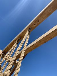 Low angle view of cross against clear blue sky