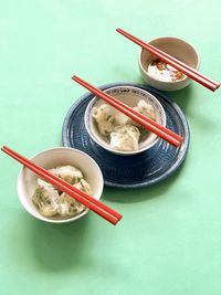 High angle view of soup in bowl on table