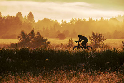 Man riding bicycle on field against sky during sunset