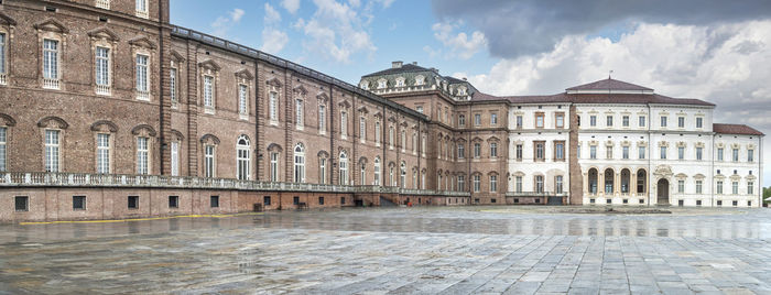 Extra wide angle view of the beautiful facades of the royal palace of the savoy in the venaria reale