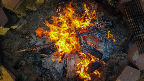 High angle view of bonfire