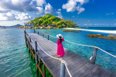 Rear view of man standing on railing against sea