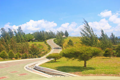 Scenic view of road amidst trees against sky