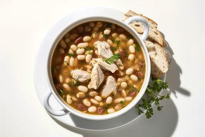 High angle view of soup in bowl on white background