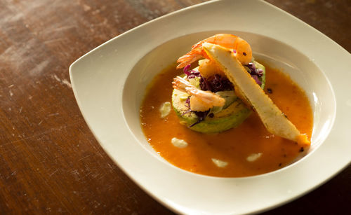 High angle view of soup in bowl