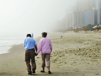 Rear view of couple walking on beach