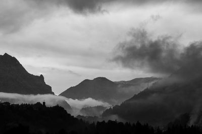 Low angle view of silhouette mountains against sky