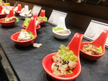 High angle view of meal served on table