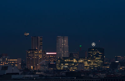 View of city lit up at night