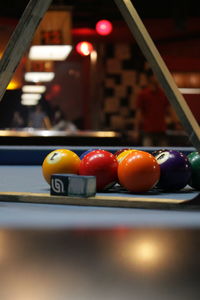 Close-up of pool balls on table