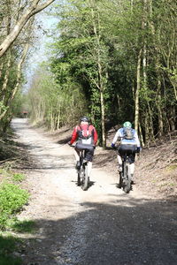 People riding bicycle on road in forest