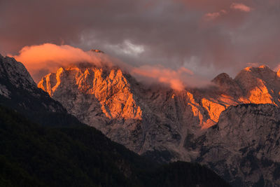 Scenic view of mountains against sky during sunset