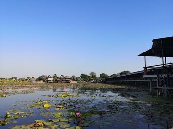 Scenic view of river by building against clear blue sky