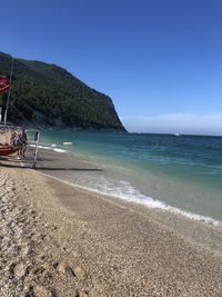 Scenic view of beach against clear blue sky
