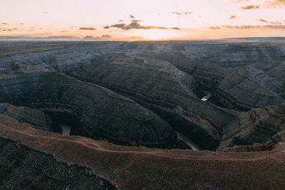 Aerial view of canyon landscape during sunset