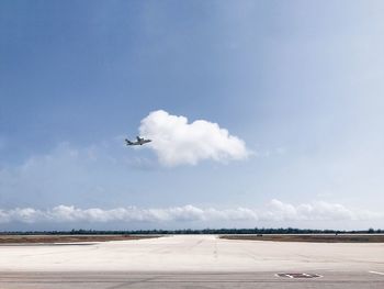 Airplane flying over runway against sky