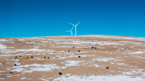 Wind turbines against clear blue sky