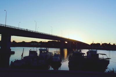 Boats moored at harbor against clear sky