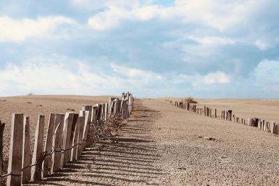 Wooden posts on beach against sky