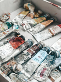 High angle view of bottles on shelf