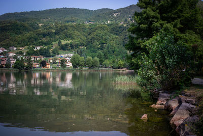 Scenic view of lake by trees and mountain