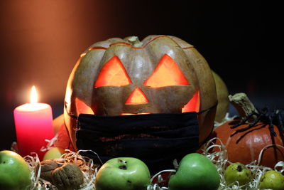 Close-up of lit candles against black background