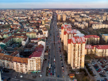 High angle view of street amidst buildings in city