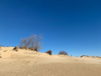 Scenic view of desert against clear blue sky