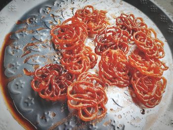 High angle view of chopped meat on plate