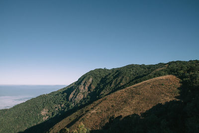 Scenic view of mountains against clear blue sky