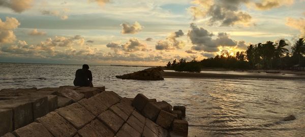 Rear view of man sitting on beach
