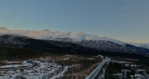 Panoramic view of snowcapped mountains against clear sky