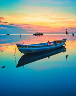 Boats moored on sea against sky during sunset