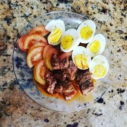 High angle view of breakfast served on table