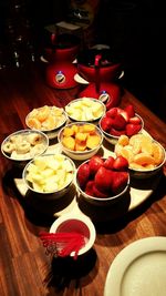 High angle view of fruits in bowl on table