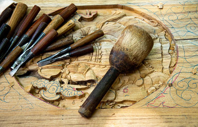 High angle view of wood on table