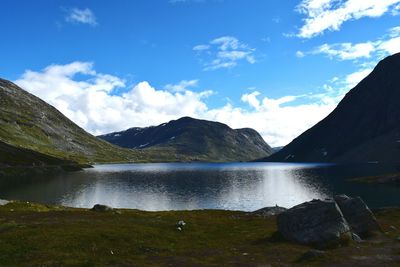 Scenic view of calm lake against mountain range