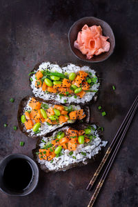 High angle view of food on table