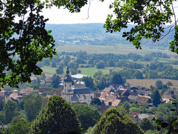 High angle view of buildings against sky